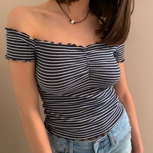 Blue & White Stripped AE off the shoulder shirt